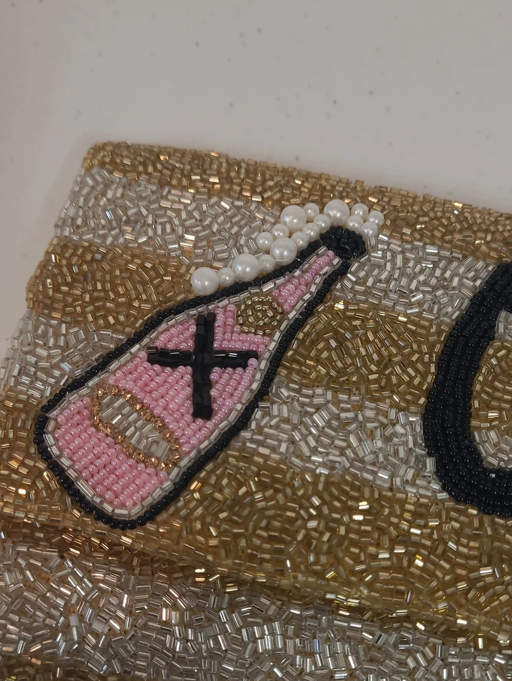 Beaded 'Cheers' Gold and Silver Party Clutch with Pink Bottle and Pearl Accents